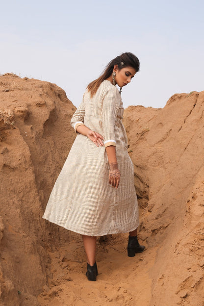 Brown Chekered Calf Length Dress With Inner - Set Of Two at Kamakhyaa by Keva. This item is Brown, Checks, Cotton, Cotton Lurex, Desert Rose, fall, Midi Dresses, Natural, Relaxed Fit, Resort Wear, Womenswear