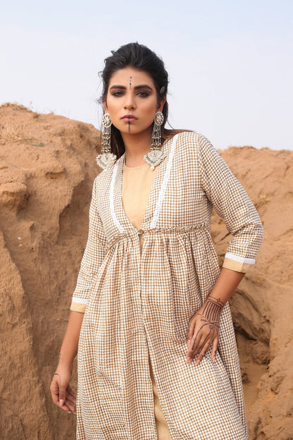 Brown Chekered Calf Length Dress With Inner - Set Of Two at Kamakhyaa by Keva. This item is Brown, Checks, Cotton, Cotton Lurex, Desert Rose, fall, Midi Dresses, Natural, Relaxed Fit, Resort Wear, Womenswear