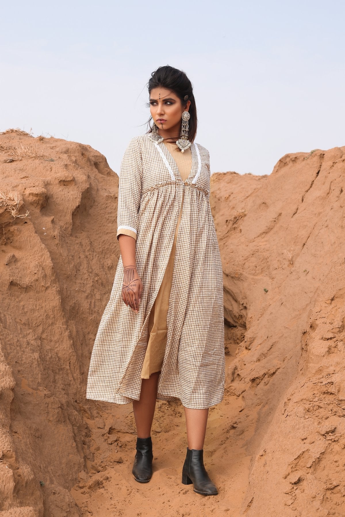 Brown Chekered Calf Length Dress With Inner - Set Of Two at Kamakhyaa by Keva. This item is Brown, Checks, Cotton, Cotton Lurex, Desert Rose, fall, Midi Dresses, Natural, Relaxed Fit, Resort Wear, Womenswear