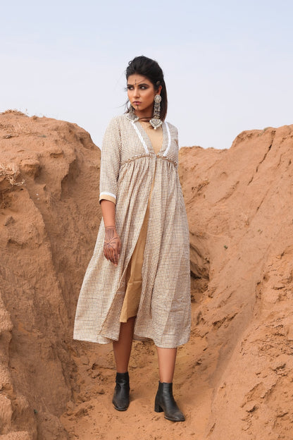 Brown Chekered Calf Length Dress With Inner - Set Of Two at Kamakhyaa by Keva. This item is Brown, Checks, Cotton, Cotton Lurex, Desert Rose, fall, Midi Dresses, Natural, Relaxed Fit, Resort Wear, Womenswear