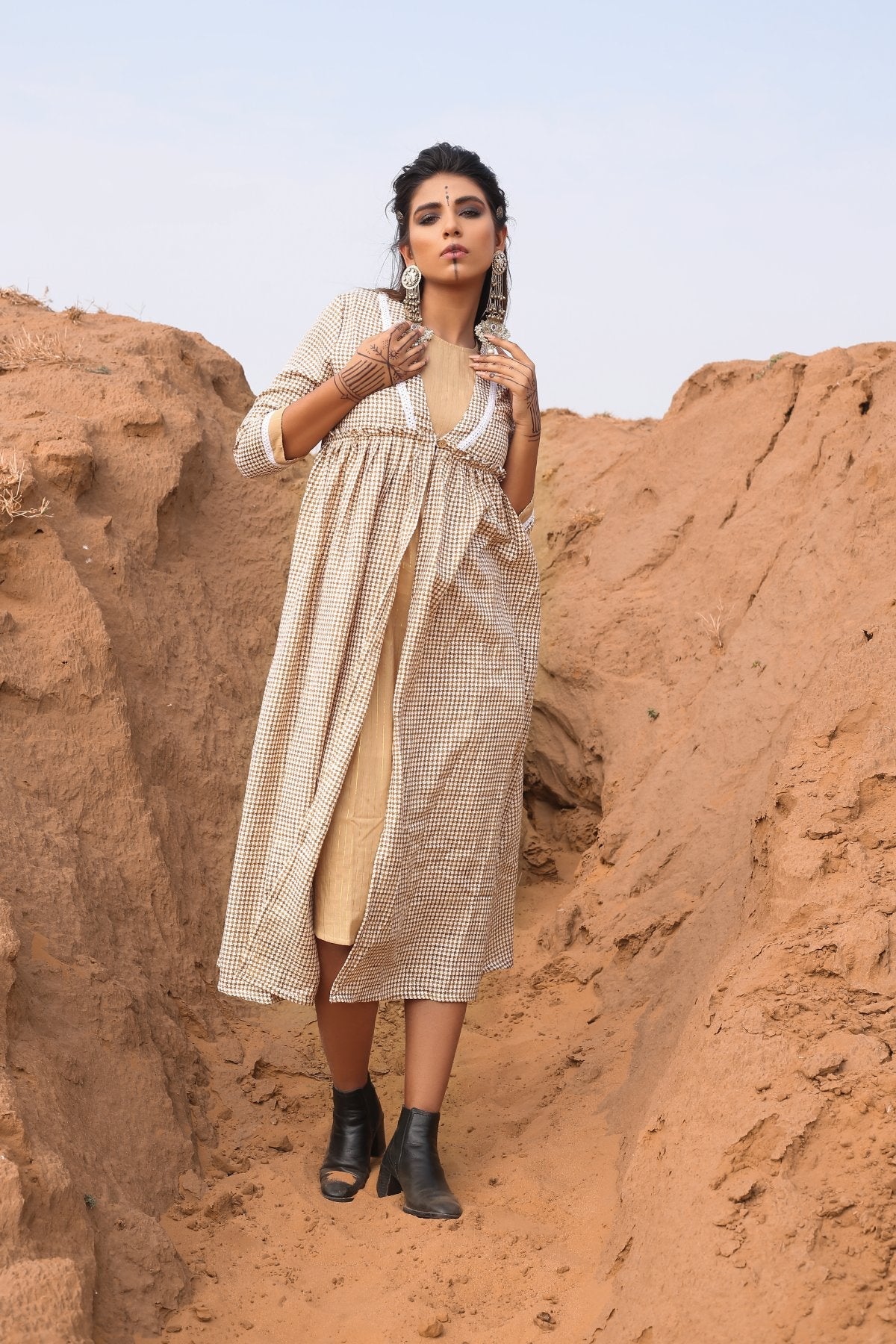 Brown Chekered Calf Length Dress With Inner - Set Of Two at Kamakhyaa by Keva. This item is Brown, Checks, Cotton, Cotton Lurex, Desert Rose, fall, Midi Dresses, Natural, Relaxed Fit, Resort Wear, Womenswear