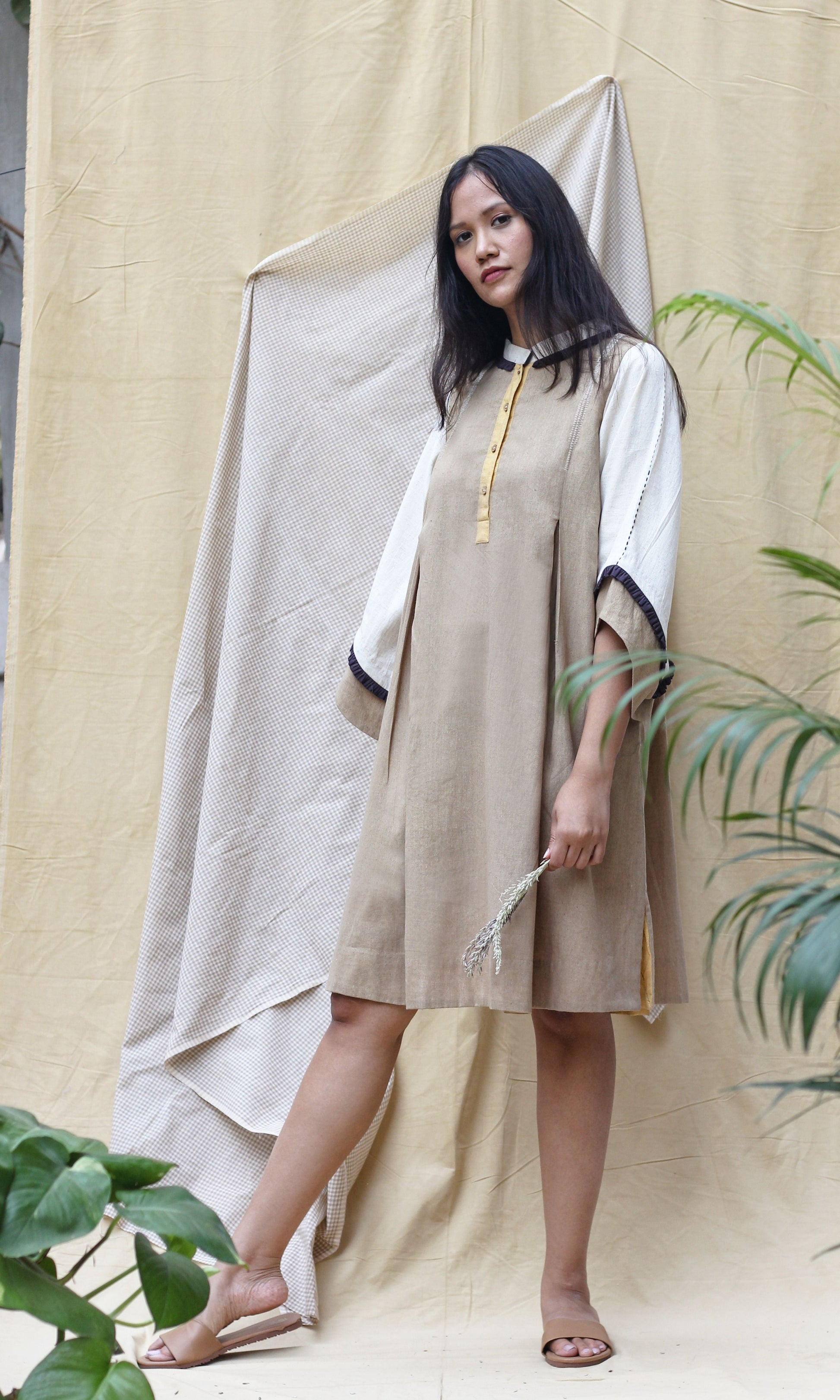 Brown Collar Midi Dress at Kamakhyaa by Chambray & Co.. This item is Brown, Casual Wear, Hand Spun Cotton, Midi Dresses, Natural, Regular Fit, Render, Shirt Dresses, Solids, Womenswear