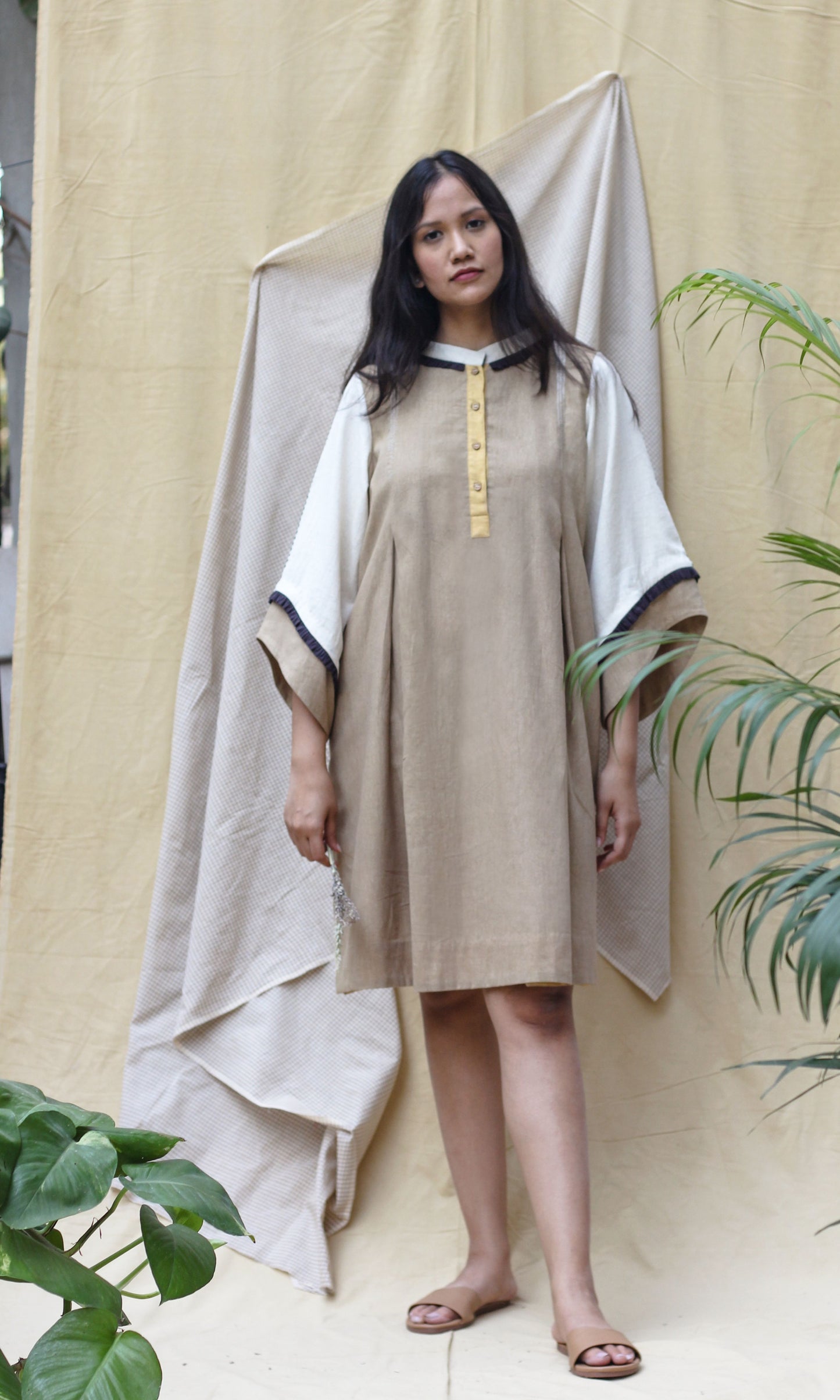 Brown Collar Midi Dress at Kamakhyaa by Chambray & Co.. This item is Brown, Casual Wear, Hand Spun Cotton, Midi Dresses, Natural, Regular Fit, Render, Shirt Dresses, Solids, Womenswear