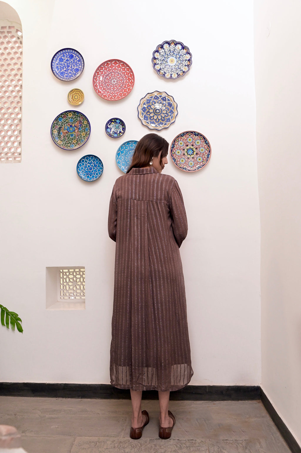 Brown Cotton Crepe Shirt Dress at Kamakhyaa by Taro. This item is Brown, Chaandi, Cotton, Cotton Lurex, Crepe, Natural, Regular Fit, Shirt Dresses, Silver, Solids, Womenswear