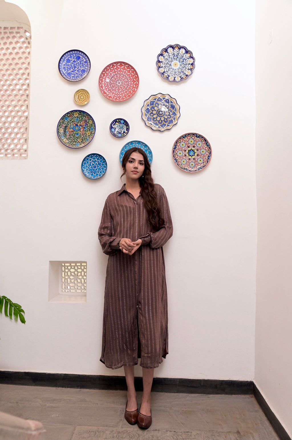 Brown Cotton Crepe Shirt Dress at Kamakhyaa by Taro. This item is Brown, Chaandi, Cotton, Cotton Lurex, Crepe, Natural, Regular Fit, Shirt Dresses, Silver, Solids, Womenswear