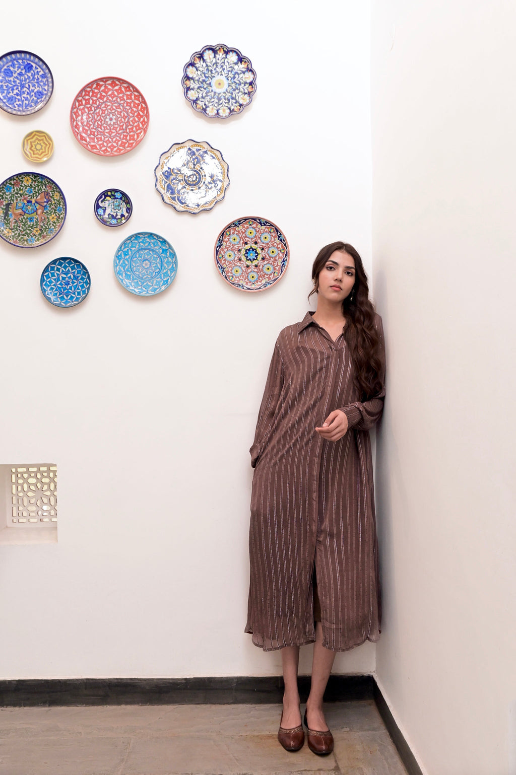 Brown Cotton Crepe Shirt Dress at Kamakhyaa by Taro. This item is Brown, Chaandi, Cotton, Cotton Lurex, Crepe, Natural, Regular Fit, Shirt Dresses, Silver, Solids, Womenswear