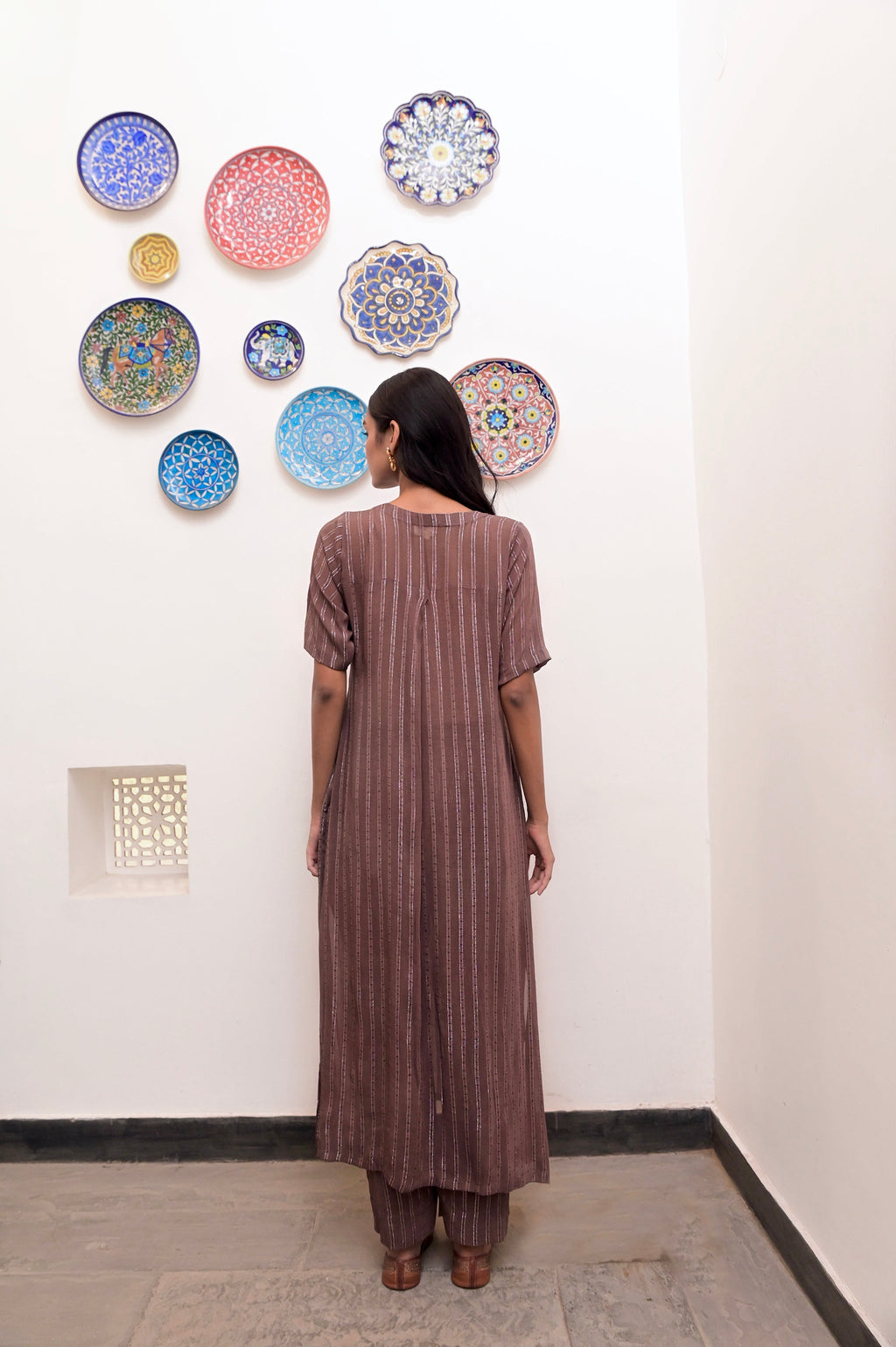 Brown Cotton Crepe V neck Co-ord Set at Kamakhyaa by Taro. This item is Brown, Chaandi, Co-ord Sets, Cotton, Cotton Lurex, Crepe, Natural, Regular Fit, Silver, Solids, Womenswear