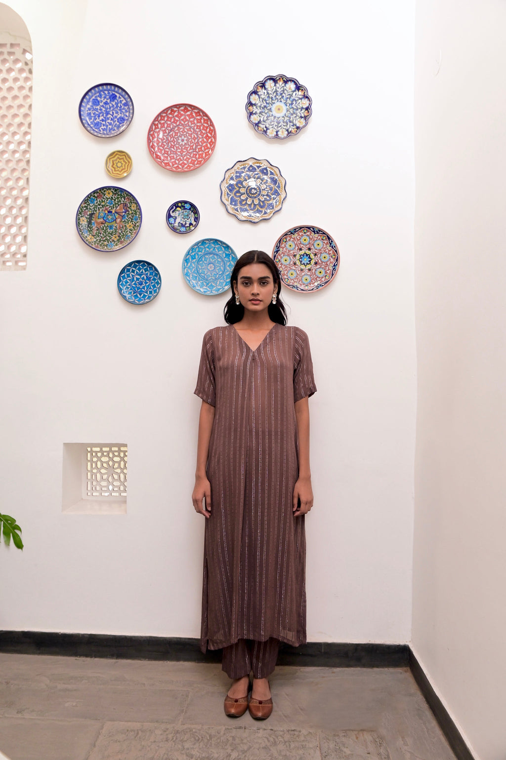 Brown Cotton Crepe V neck Co-ord Set at Kamakhyaa by Taro. This item is Brown, Chaandi, Co-ord Sets, Cotton, Cotton Lurex, Crepe, Natural, Regular Fit, Silver, Solids, Womenswear