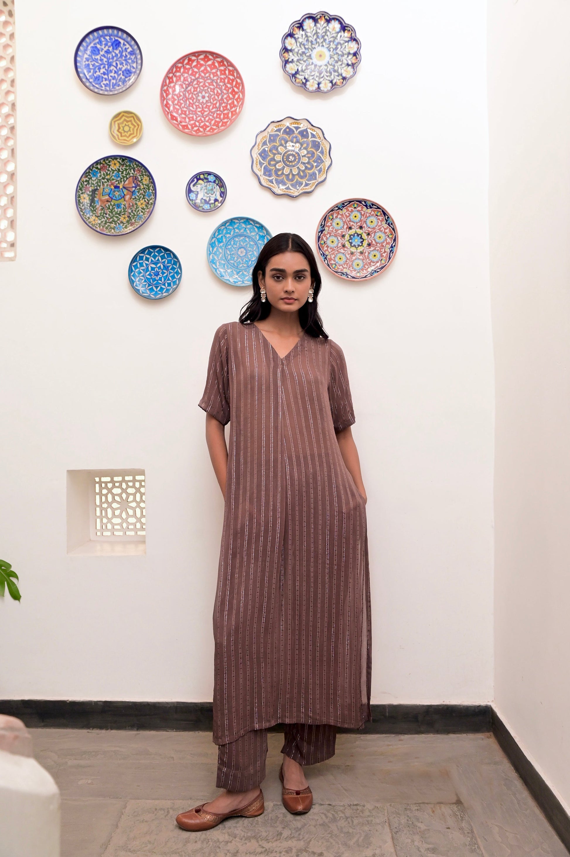 Brown Cotton Crepe V neck Co-ord Set at Kamakhyaa by Taro. This item is Brown, Chaandi, Co-ord Sets, Cotton, Cotton Lurex, Crepe, Natural, Regular Fit, Silver, Solids, Womenswear