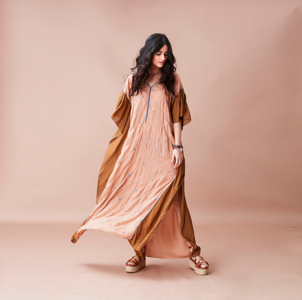 Brown Cotton Kaftan at Kamakhyaa by Dan Ba. This item is Brown, Cotton, fall, July Sale, July Sale 2023, Kaftans, Maxi Dresses, Natural, Relaxed Fit, Resort Wear, Solids, Womenswear