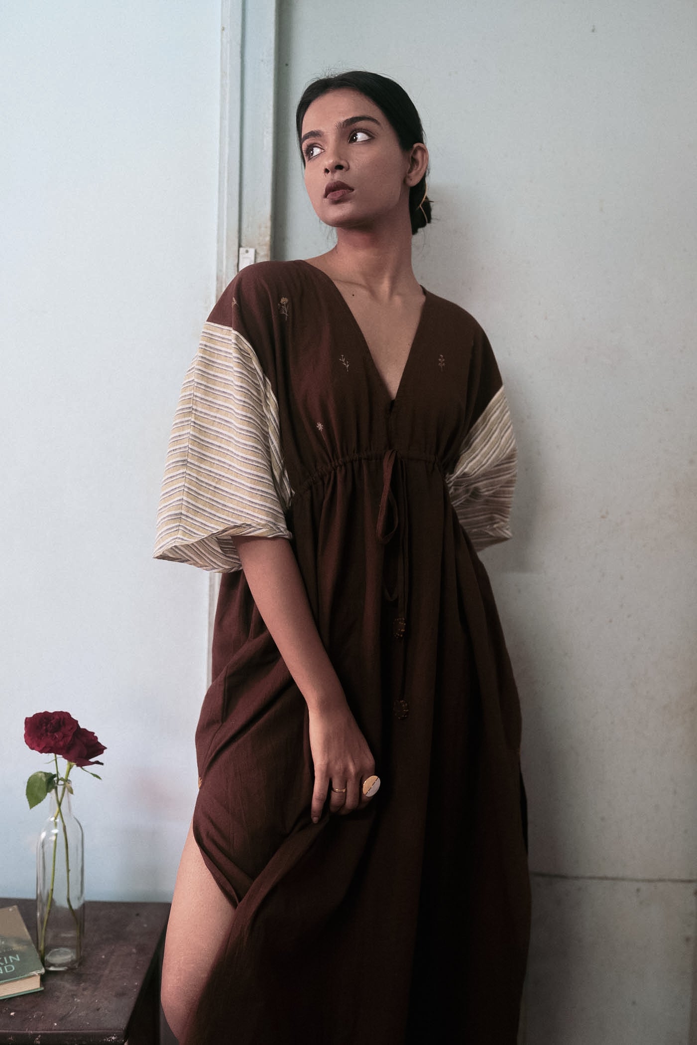 Brown Cotton Dress at Kamakhyaa by Deeta Clothing. This item is Brown, Casual Wear, Handwoven Cotton, Kaftan Dresses, Kaftans, Maxi Dresses, Natural with azo dyes, Relaxed Fit, Shibui AW22, Solids, Womenswear