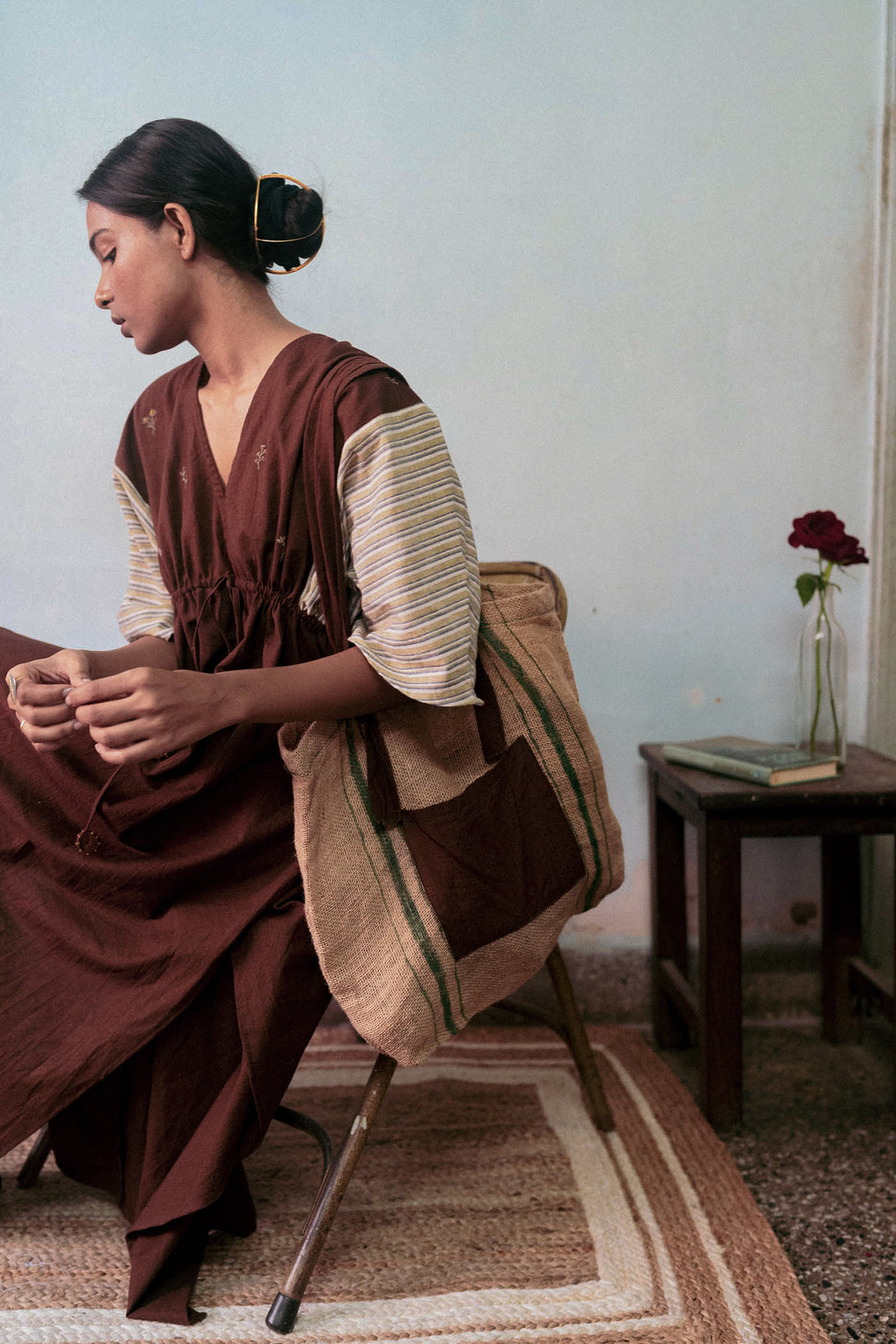 Brown Cotton Dress at Kamakhyaa by Deeta Clothing. This item is Brown, Casual Wear, Handwoven Cotton, Kaftan Dresses, Kaftans, Maxi Dresses, Natural with azo dyes, Relaxed Fit, Shibui AW22, Solids, Womenswear