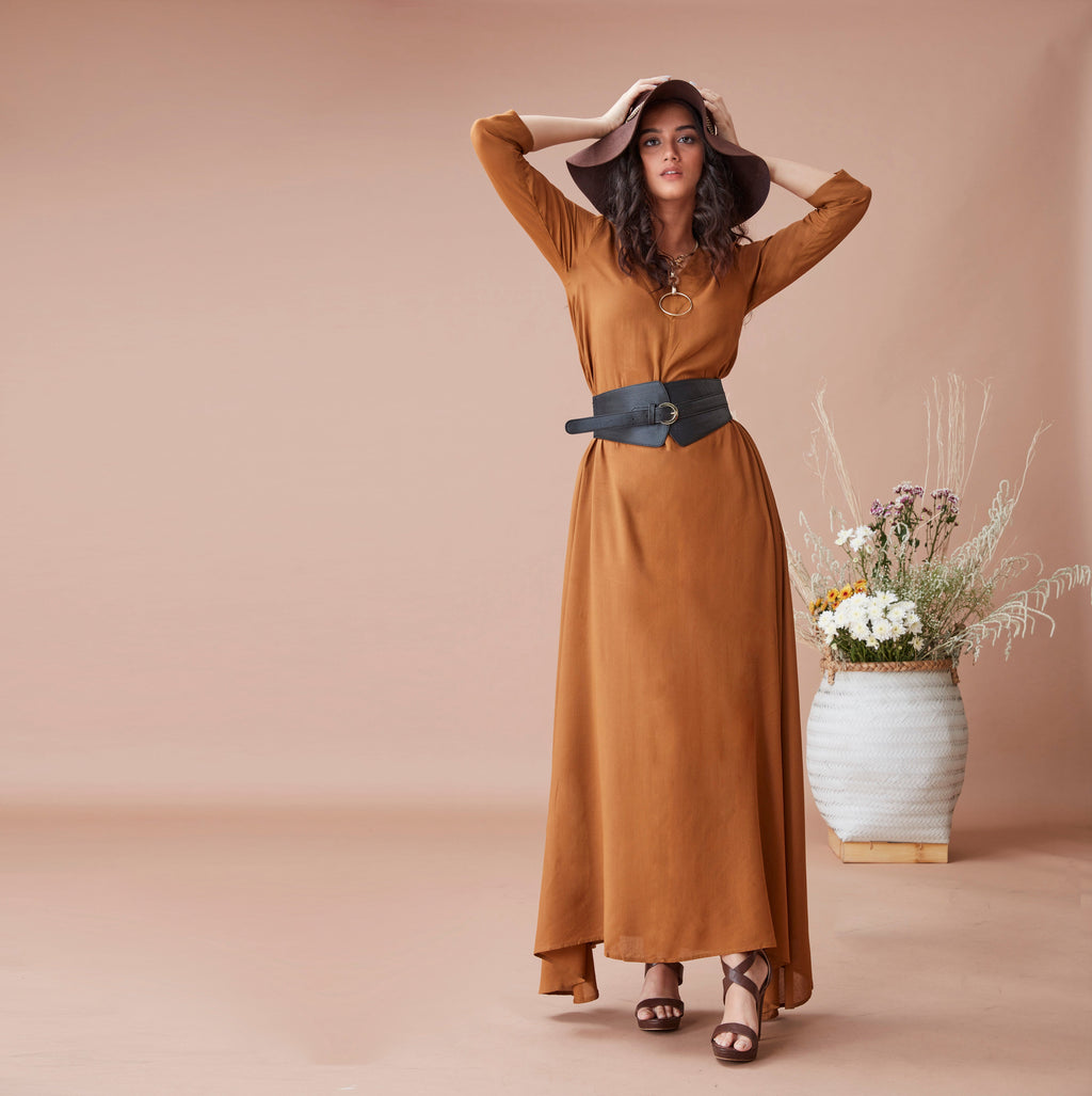 Brown Cotton Maxi Dress at Kamakhyaa by Dan Ba. This item is Brown, Cotton, fall, July Sale, July Sale 2023, Maxi Dresses, Natural, Relaxed Fit, Resort Wear, Solids, Womenswear