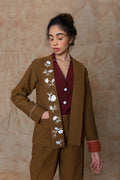 Brown Custom Jacket at Kamakhyaa by Anushé Pirani. This item is Brown, Embroidered, fall, Handwoven Cotton, Jackets, July Sale, July Sale 2023, Natural, Ocean of Stories, Office Wear, Relaxed Fit, sale anushe pirani, Womenswear