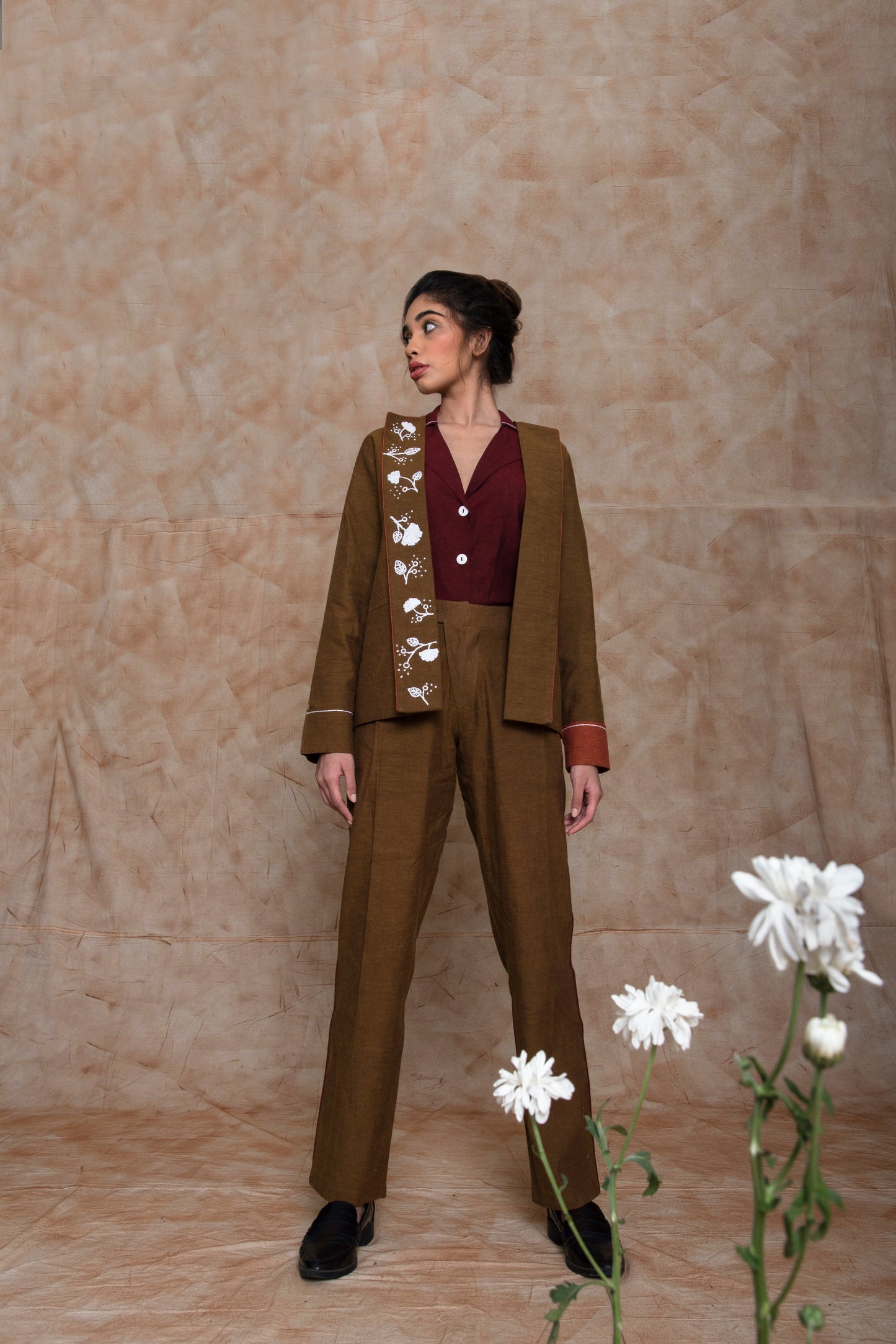 Brown Custom Jacket at Kamakhyaa by Anushé Pirani. This item is Brown, Embroidered, fall, Handwoven Cotton, Jackets, July Sale, July Sale 2023, Natural, Ocean of Stories, Office Wear, Relaxed Fit, sale anushe pirani, Womenswear