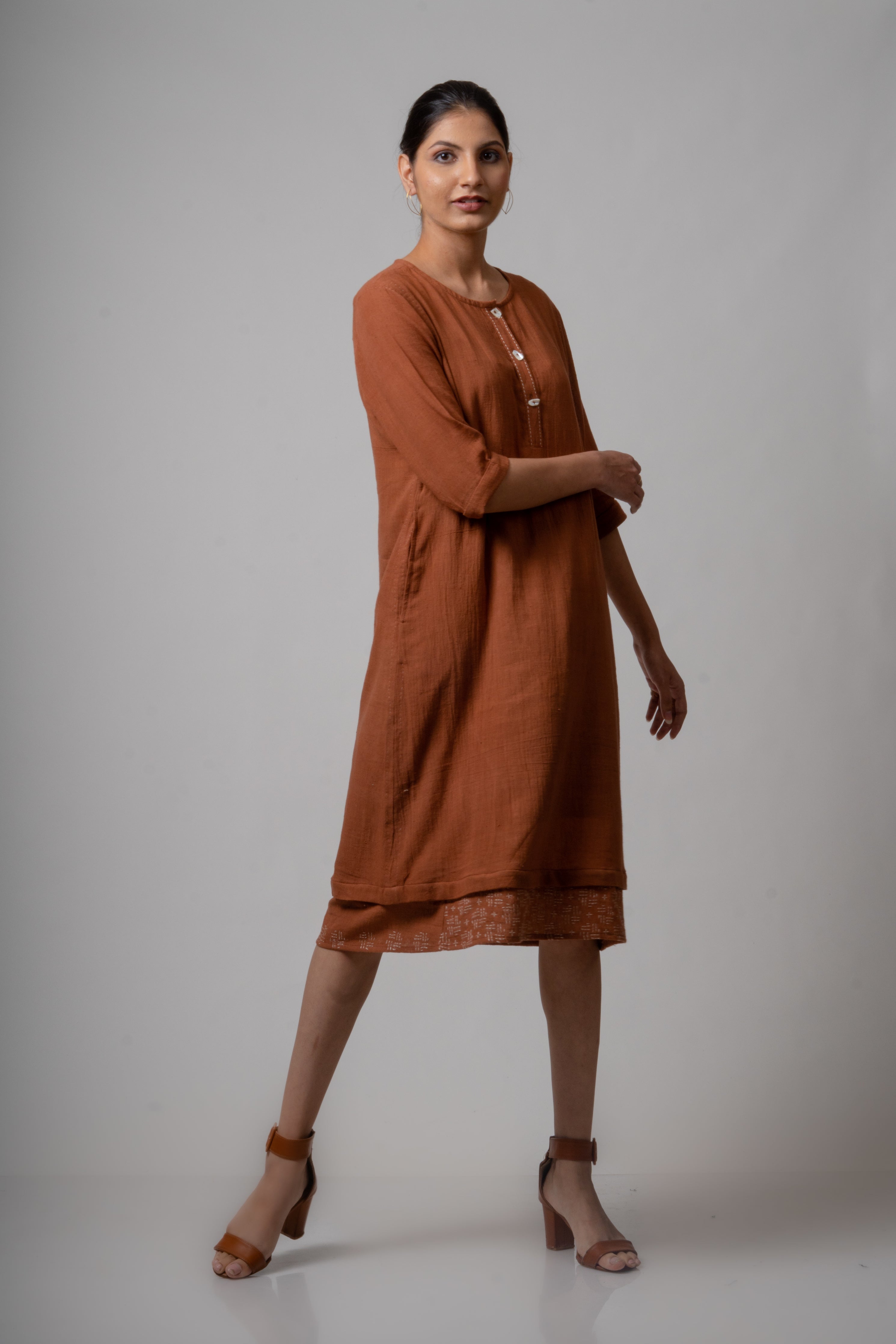 Brown Embroidered Cotton Kurta at Kamakhyaa by Lafaani. This item is Brown, Casual Wear, Cotton, fall, Indian Wear, Kurtas, Natural, Regular Fit, Solids, Womenswear