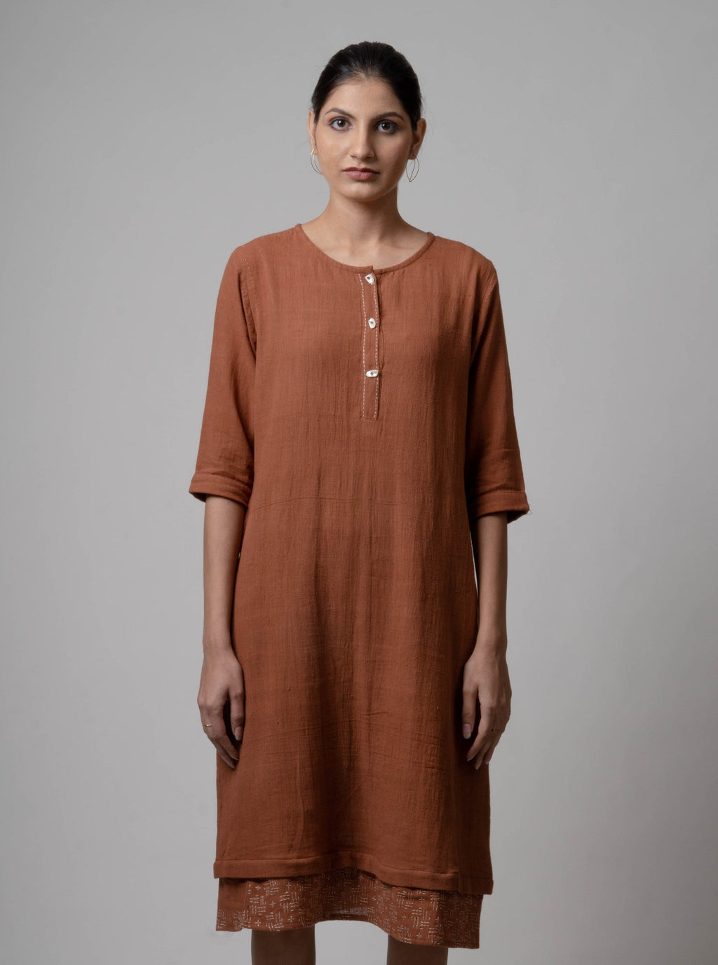 Brown Embroidered Cotton Kurta at Kamakhyaa by Lafaani. This item is Brown, Casual Wear, Cotton, fall, Indian Wear, Kurtas, Natural, Regular Fit, Solids, Womenswear