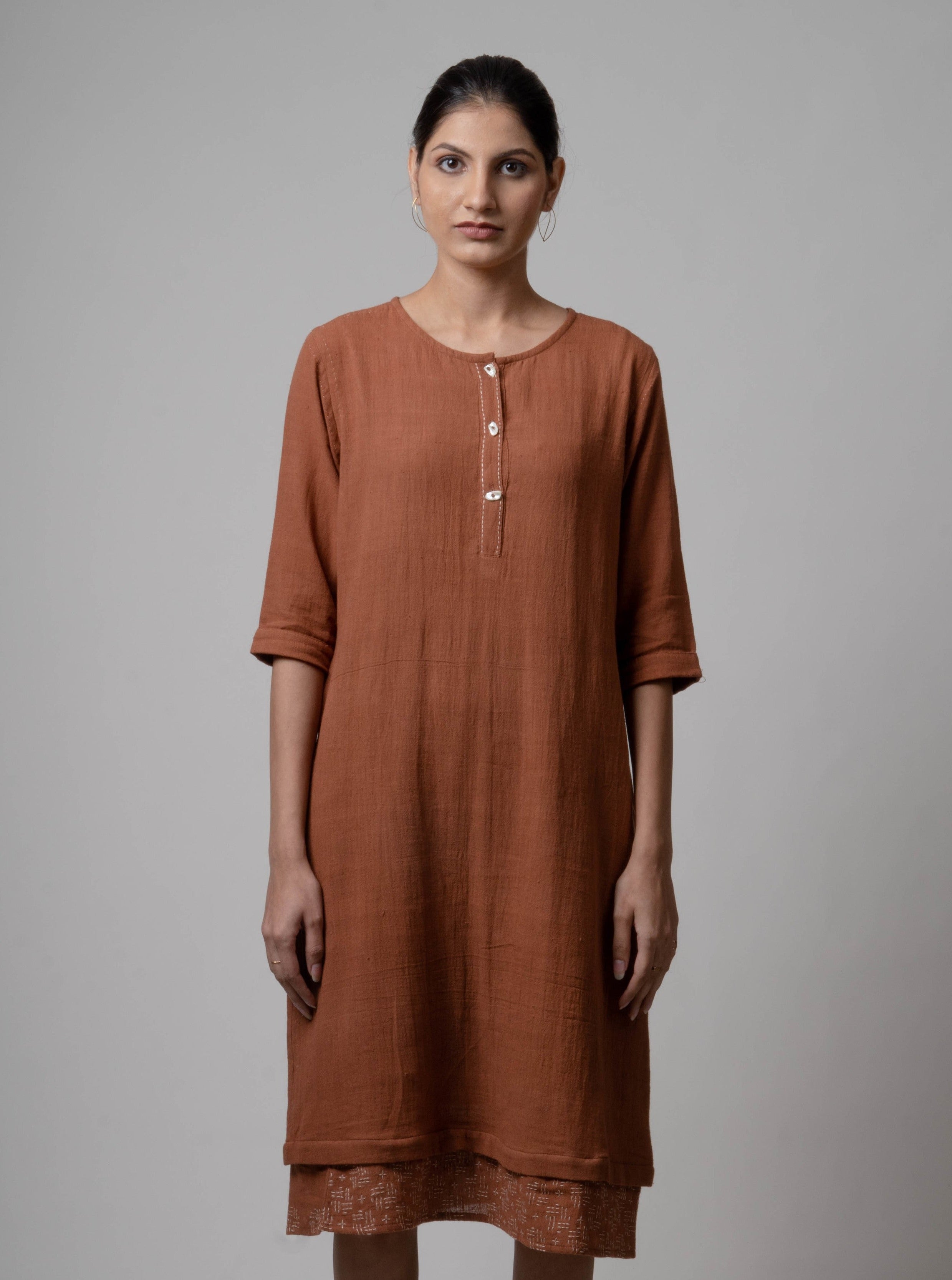 Brown Embroidered Cotton Kurta at Kamakhyaa by Lafaani. This item is Brown, Casual Wear, Cotton, fall, Indian Wear, Kurtas, Natural, Regular Fit, Solids, Womenswear