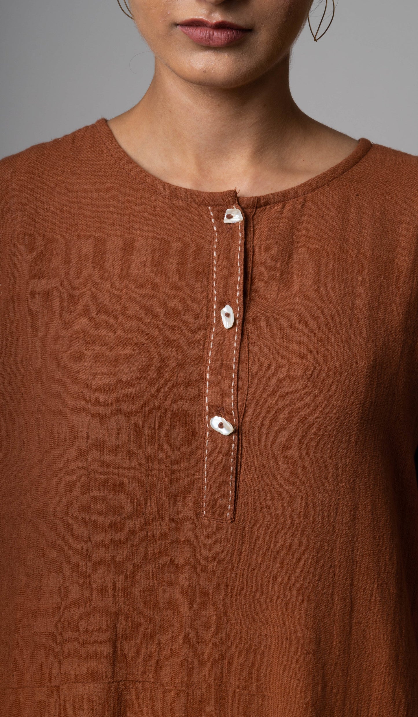 Brown Embroidered Cotton Kurta at Kamakhyaa by Lafaani. This item is Brown, Casual Wear, Cotton, fall, Indian Wear, Kurtas, Natural, Regular Fit, Solids, Womenswear