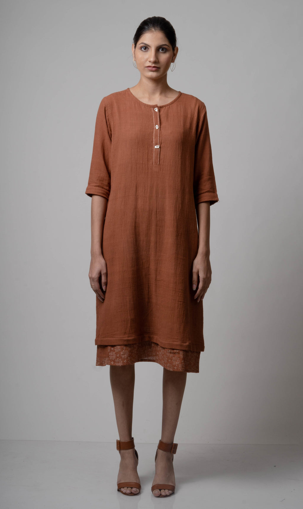 Brown Embroidered Cotton Kurta at Kamakhyaa by Lafaani. This item is Brown, Casual Wear, Cotton, fall, Indian Wear, Kurtas, Natural, Regular Fit, Solids, Womenswear