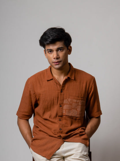 Brown Embroidered Cotton Shirt at Kamakhyaa by Lafaani. This item is Brown, Casual Wear, Cotton, fall, For Him, Menswear, Natural, Regular Fit, Shirts, Solids, Tops