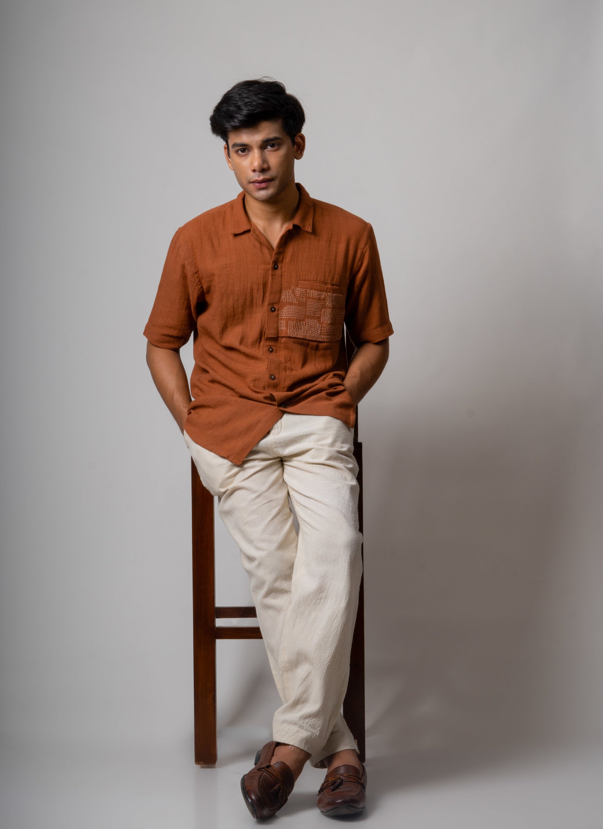 Brown Embroidered Cotton Shirt at Kamakhyaa by Lafaani. This item is Brown, Casual Wear, Cotton, fall, For Him, Menswear, Natural, Regular Fit, Shirts, Solids, Tops