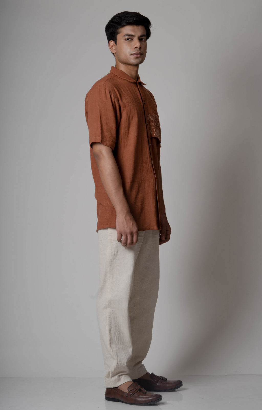 Brown Embroidered Cotton Shirt at Kamakhyaa by Lafaani. This item is Brown, Casual Wear, Cotton, fall, For Him, Menswear, Natural, Regular Fit, Shirts, Solids, Tops