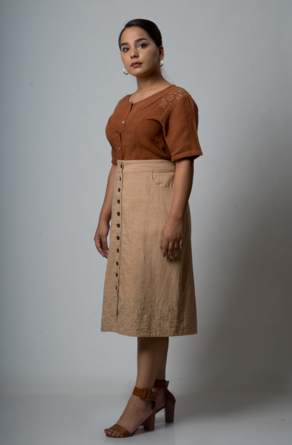 Brown Embroidered Cotton Tunic Top at Kamakhyaa by Lafaani. This item is Brown, Casual Wear, Cotton, fall, Natural, Regular Fit, Shirts, Solids, Tops, Womenswear