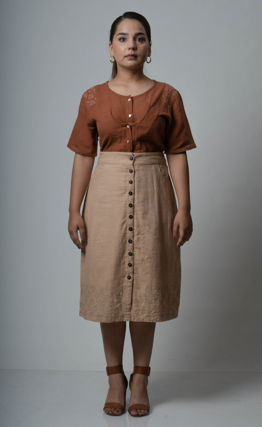 Brown Embroidered Cotton Tunic Top at Kamakhyaa by Lafaani. This item is Brown, Casual Wear, Cotton, fall, Natural, Regular Fit, Shirts, Solids, Tops, Womenswear