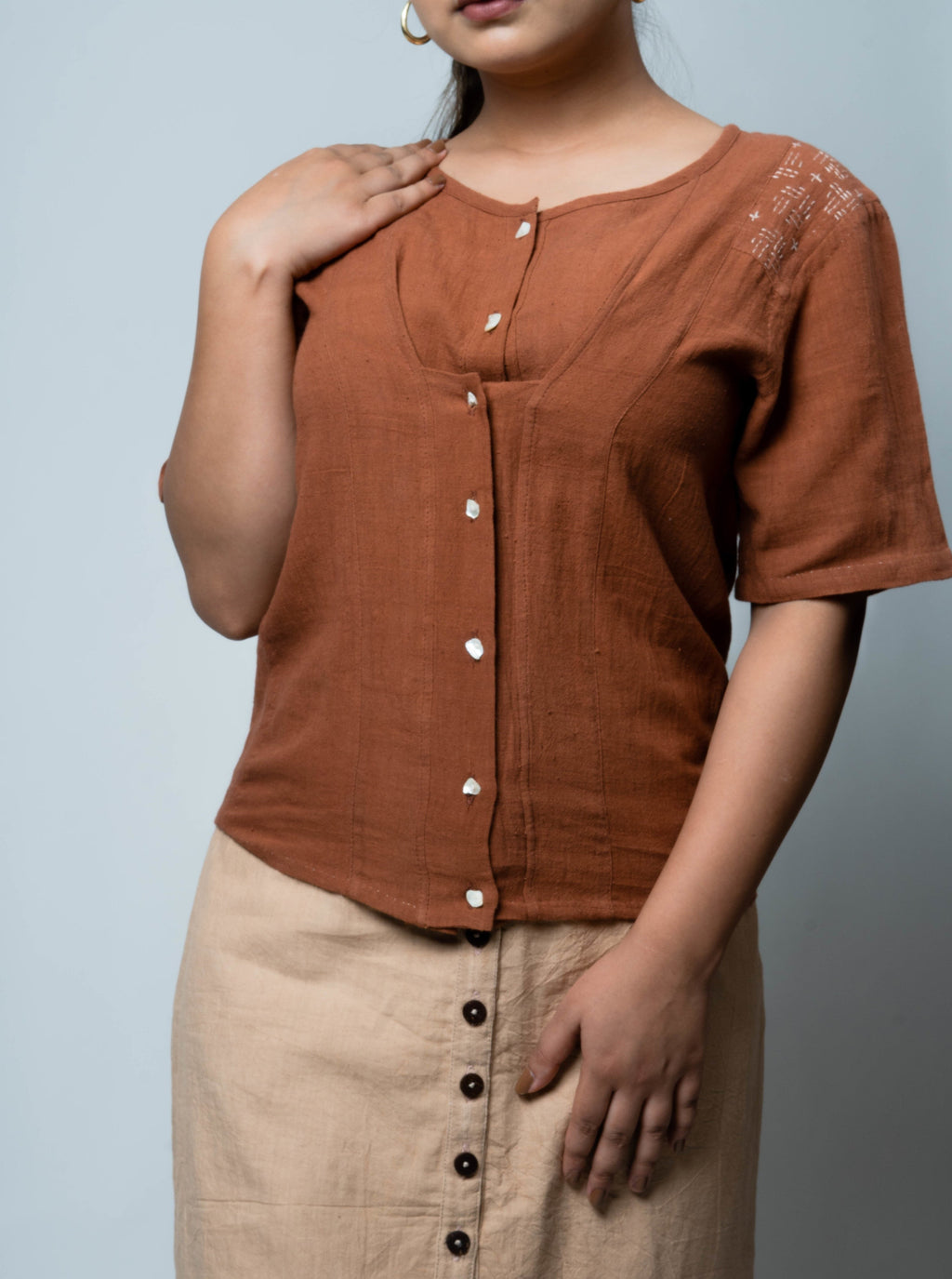 Brown Embroidered Cotton Tunic Top at Kamakhyaa by Lafaani. This item is Brown, Casual Wear, Cotton, fall, Natural, Regular Fit, Shirts, Solids, Tops, Womenswear