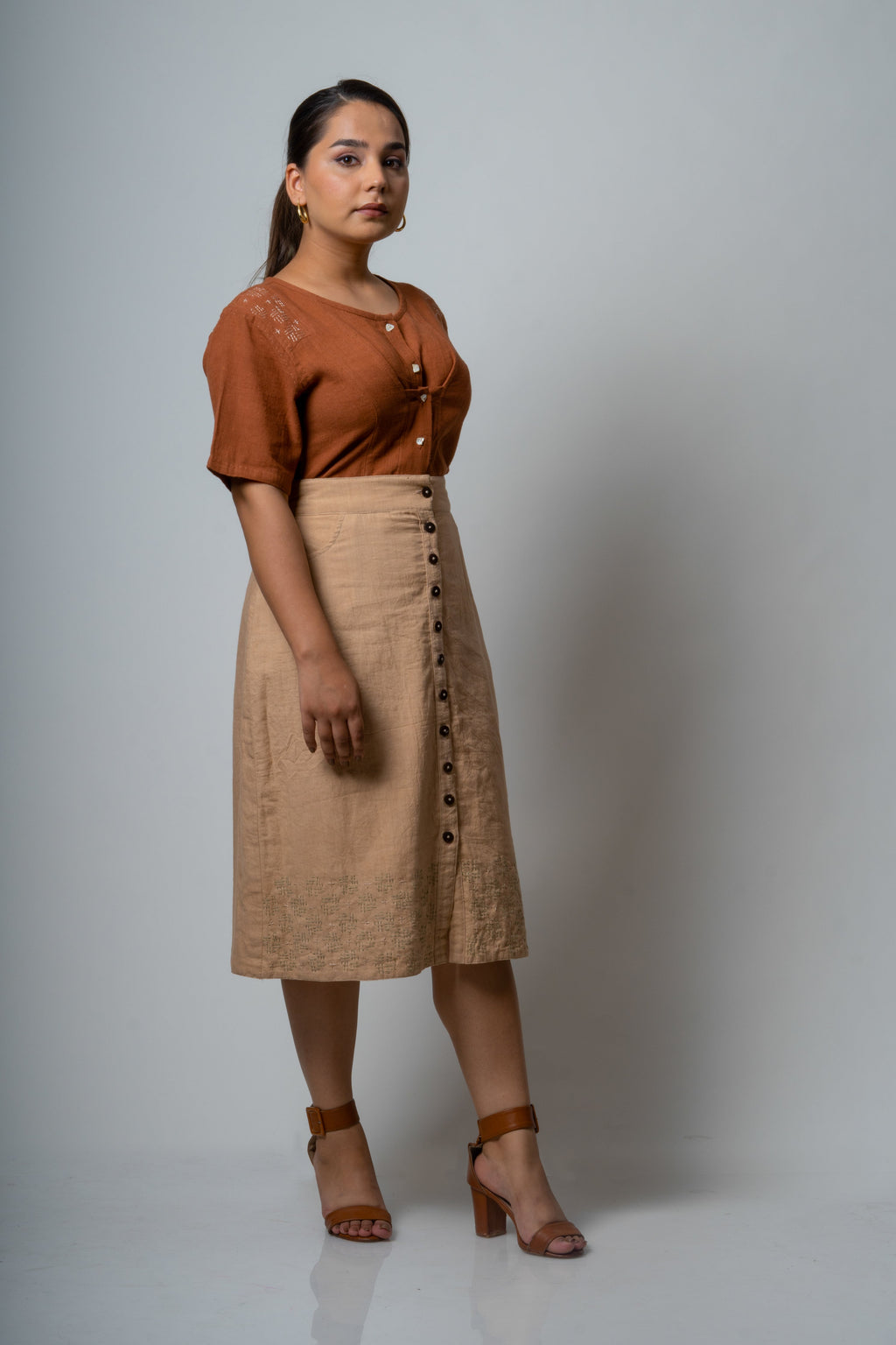 Brown Embroidered Cotton Tunic Top at Kamakhyaa by Lafaani. This item is Brown, Casual Wear, Cotton, fall, Natural, Regular Fit, Shirts, Solids, Tops, Womenswear