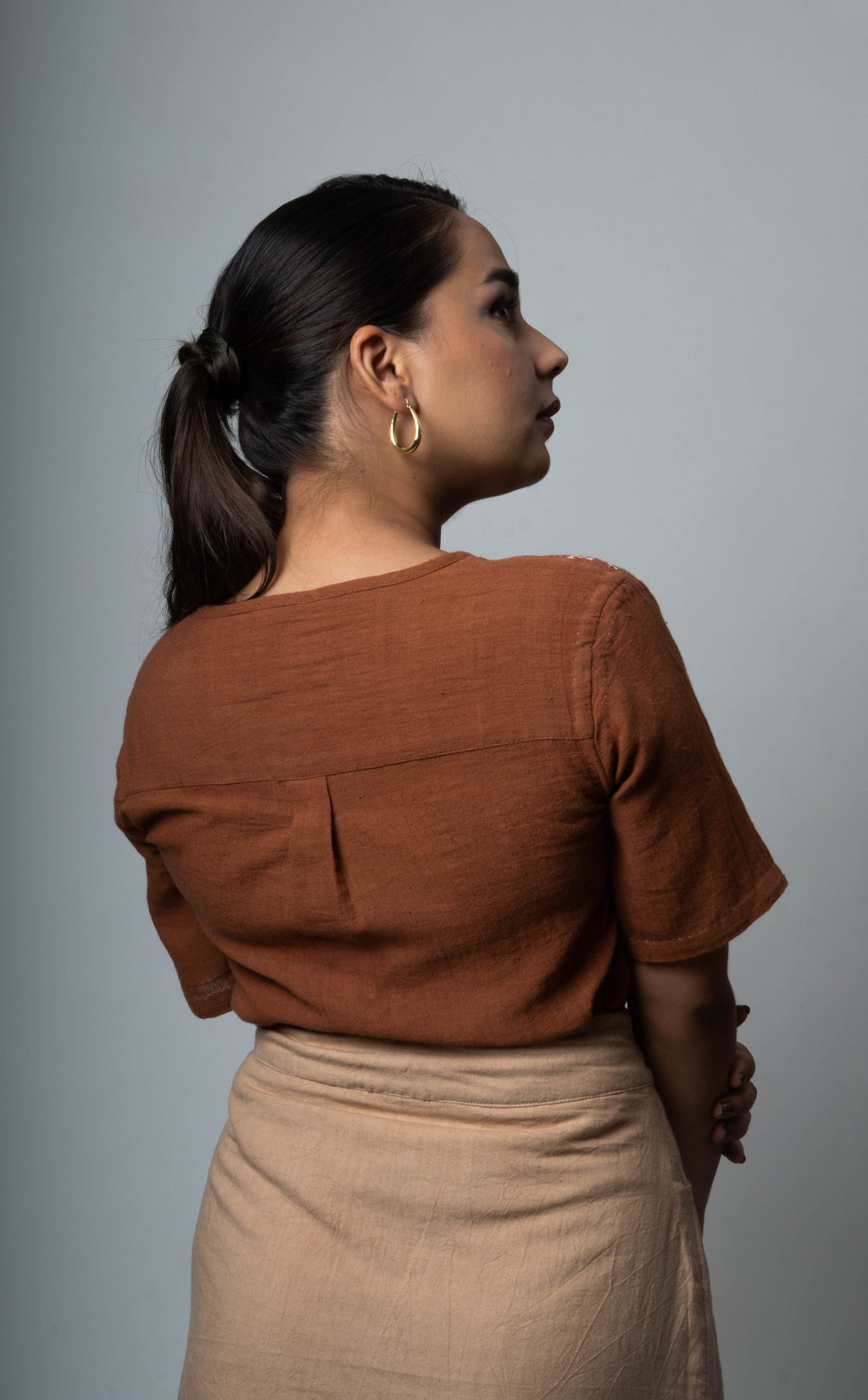 Brown Embroidered Cotton Tunic Top at Kamakhyaa by Lafaani. This item is Brown, Casual Wear, Cotton, fall, Natural, Regular Fit, Shirts, Solids, Tops, Womenswear