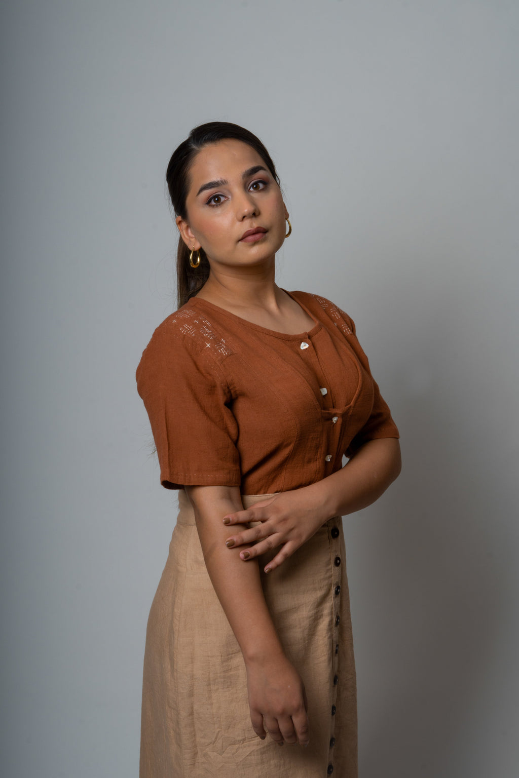 Brown Embroidered Cotton Tunic Top at Kamakhyaa by Lafaani. This item is Brown, Casual Wear, Cotton, fall, Natural, Regular Fit, Shirts, Solids, Tops, Womenswear