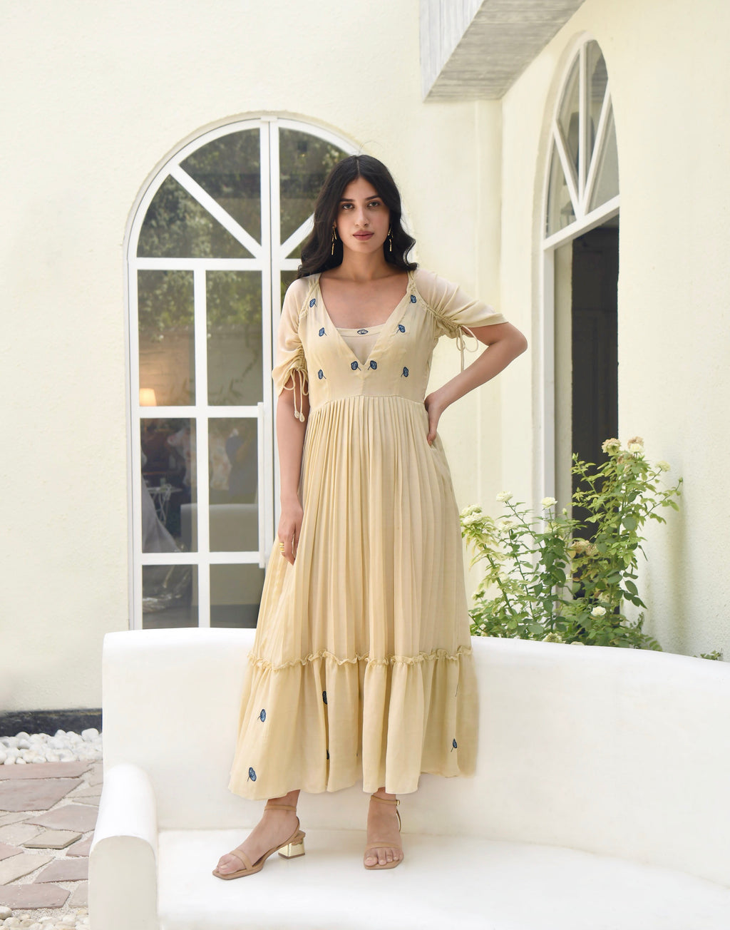 Brown Embroidered Silk Maxi Dress at Kamakhyaa by Taro. This item is Bangalore Silk, Best Selling, Dusk To Dawn, Evening Wear, FB ADS JUNE, For Anniversary, July Sale, July Sale 2023, Maxi Dresses, Natural, Regular Fit, Silk, Tiered Dresses, Womenswear, Yellow