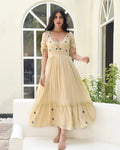 Brown Embroidered Silk Maxi Dress at Kamakhyaa by Taro. This item is Bangalore Silk, Best Selling, Dusk To Dawn, Evening Wear, FB ADS JUNE, For Anniversary, July Sale, July Sale 2023, Maxi Dresses, Natural, Regular Fit, Silk, Tiered Dresses, Womenswear, Yellow