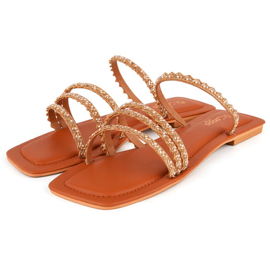 Brown Embroidered Strappy Flats at Kamakhyaa by EK_agga. This item is Brown, Embroidered, Flats, Less than $50, Party Wear, Patent leather, Square toe, Vegan
