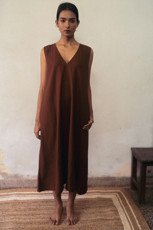 Brown Flowy Midi Dress at Kamakhyaa by Deeta Clothing. This item is Brown, Casual Wear, Dresses, fall, Handwoven Cotton, Midi Dresses, Natural with azo dyes, Relaxed Fit, Shibui AW22, Sleeveless Dresses, Solids, Womenswear