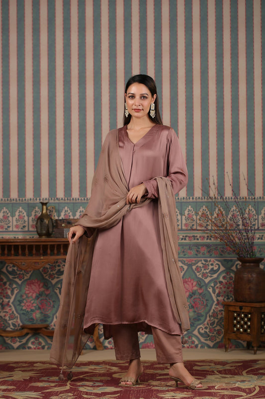Brown Kurta Pant With Dupatta at Kamakhyaa by MOH-The Eternal Dhaga. This item is Brown, Festive Wear, Kurta pant With Duppatta, Moh-The eternal Dhaga, Natural, Regular Fit, Satin, Solids, Womenswear