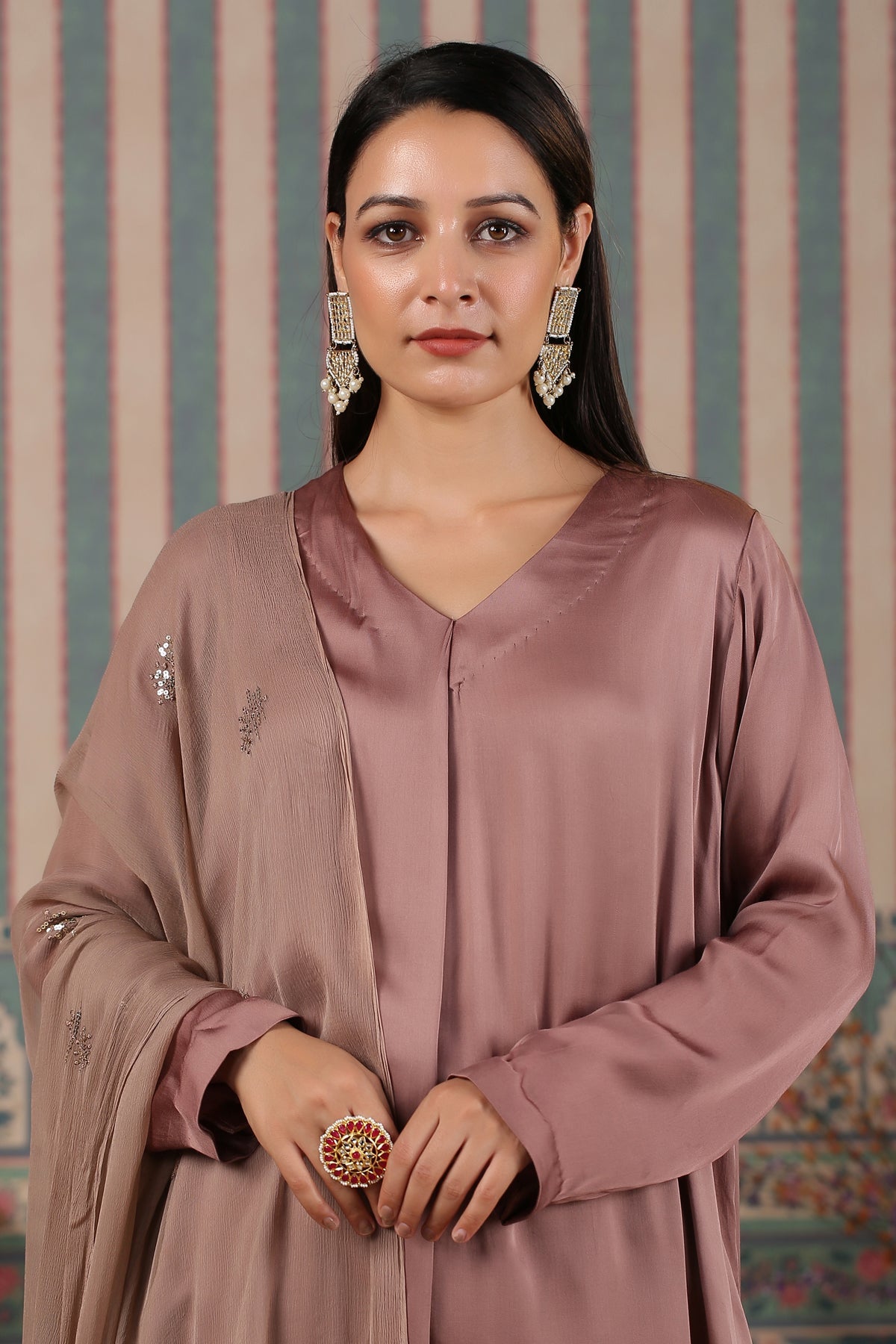 Brown Kurta Pant With Dupatta at Kamakhyaa by MOH-The Eternal Dhaga. This item is Brown, Festive Wear, Kurta pant With Duppatta, Moh-The eternal Dhaga, Natural, Regular Fit, Satin, Solids, Womenswear