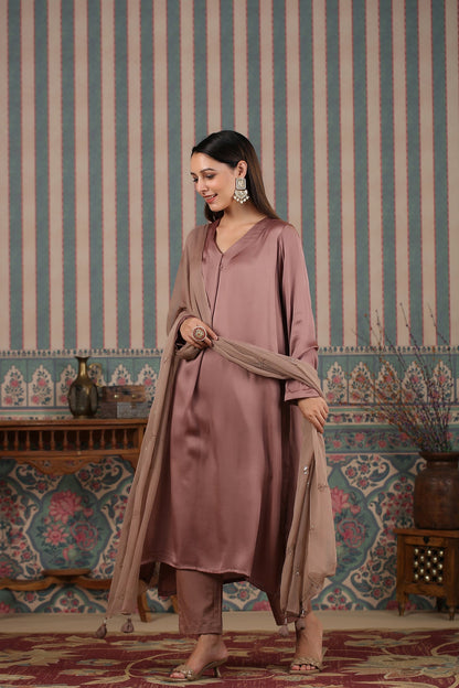 Brown Kurta Pant With Dupatta at Kamakhyaa by MOH-The Eternal Dhaga. This item is Brown, Festive Wear, Kurta pant With Duppatta, Moh-The eternal Dhaga, Natural, Regular Fit, Satin, Solids, Womenswear