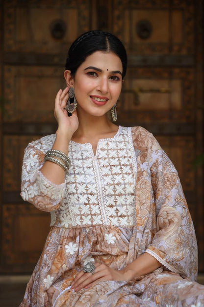 Brown Lace Embroidered Kurta Set With Dupatta at Kamakhyaa by Kamakhyaa. This item is Brown, Cotton, Ethnic Wear, Festive Wear, Kurta Pant Sets, Kurta Set with Dupattas, Natural, Regular Fit, White, Womenswear