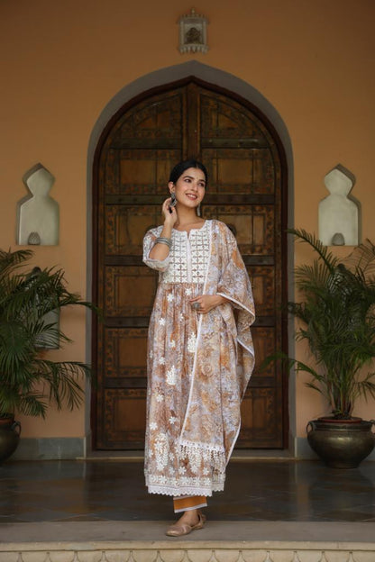 Brown Lace Embroidered Kurta Set With Dupatta at Kamakhyaa by Kamakhyaa. This item is Brown, Cotton, Ethnic Wear, Festive Wear, Kurta Pant Sets, Kurta Set with Dupattas, Natural, Regular Fit, White, Womenswear