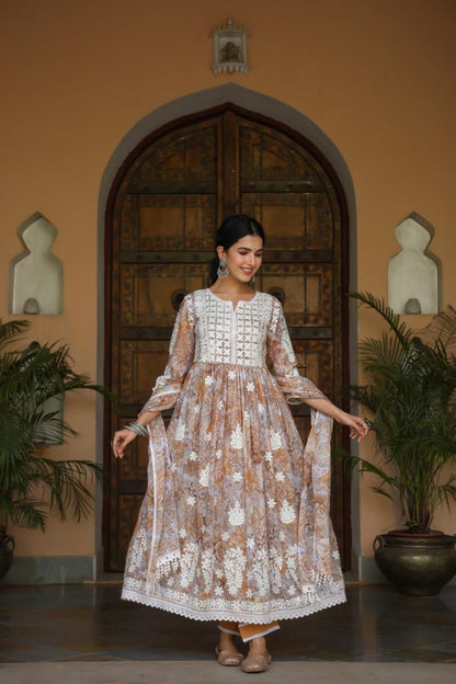 Brown Lace Embroidered Kurta Set With Dupatta at Kamakhyaa by Kamakhyaa. This item is Brown, Cotton, Ethnic Wear, Festive Wear, Kurta Pant Sets, Kurta Set with Dupattas, Natural, Regular Fit, White, Womenswear