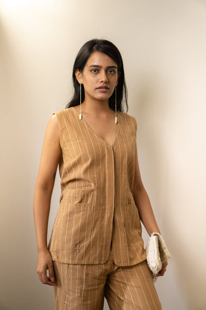 Brown Long Vest at Kamakhyaa by Lafaani. This item is 100% pure cotton, Brown, Casual Wear, Jackets, Materiality, Natural with azo dyes, Organic, Regular Fit, Solids, Undyed and Unbleached, Womenswear