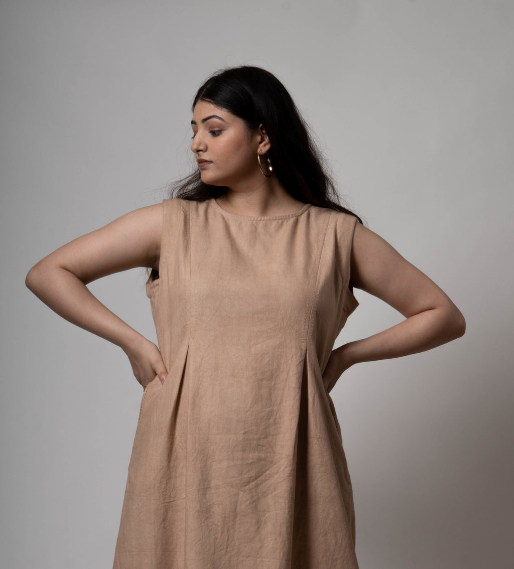 Brown Midi Dress at Kamakhyaa by Lafaani. This item is Brown, Casual Wear, Cotton, fall, Midi Dresses, Natural, Regular Fit, Solids, Womenswear