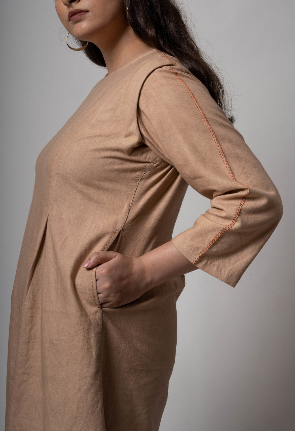 Brown Midi Dress at Kamakhyaa by Lafaani. This item is Brown, Casual Wear, Cotton, fall, Midi Dresses, Natural, Regular Fit, Solids, Womenswear