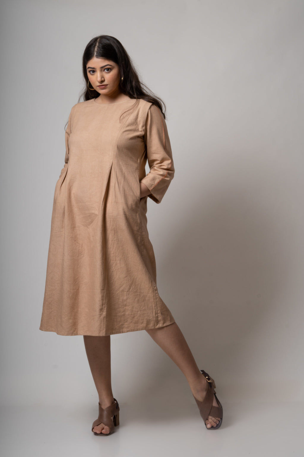 Brown Midi Dress at Kamakhyaa by Lafaani. This item is Brown, Casual Wear, Cotton, fall, Midi Dresses, Natural, Regular Fit, Solids, Womenswear