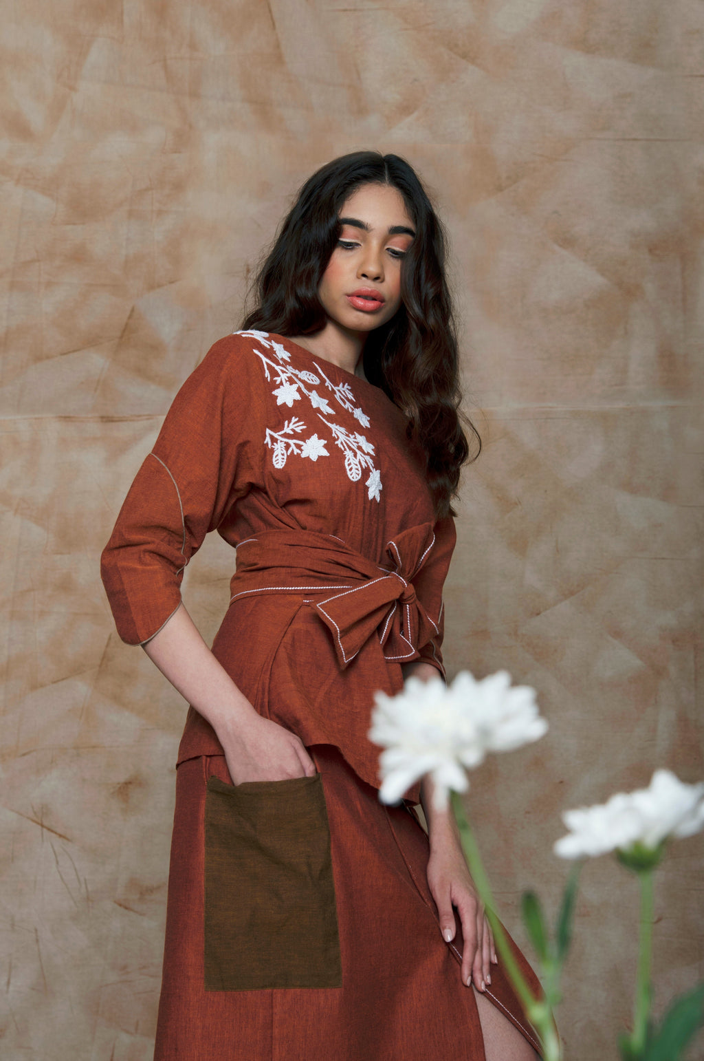 Brown Midi Skirt at Kamakhyaa by Anushé Pirani. This item is Brown, fall, Handwoven Cotton, July Sale, July Sale 2023, Mini Skirts, Natural, Ocean of Stories, Office Wear, Regular Fit, sale anushe pirani, Skirts, Solids, Womenswear