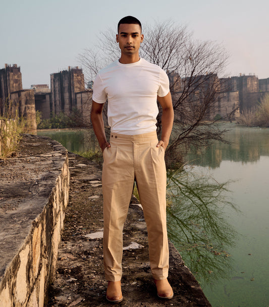 Brown Oxford Cotton Pleated Trousers at Kamakhyaa by Khara Kapas. This item is Birdsong, Brown, Casual Wear, kharakapas, Menswear, Natural, Regular Fit, Trousers, Twill