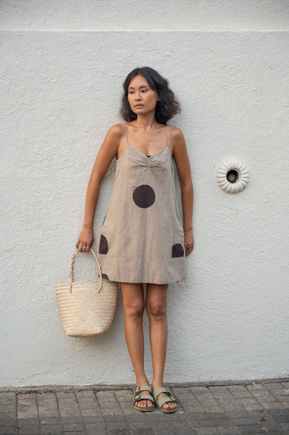 Brown Printed Slip Dress Bare, Brown, Cotton, Hemp, Organic, Print, Relaxed Fit Kamakhyaa